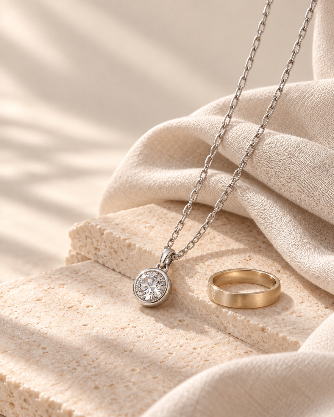 Illustrative silver-tone pendant and muted gold band on beige stone and ivory linen